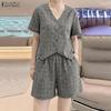 Women Short Sleeve Blouse and Shorts Plaid Print Casual Two Piece Suit Sets