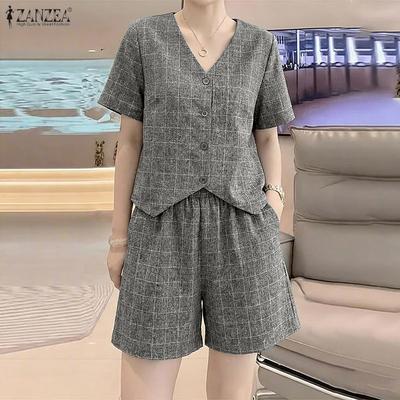 Women Short Sleeve Blouse and Shorts Plaid Print Casual Two Piece Suit Sets