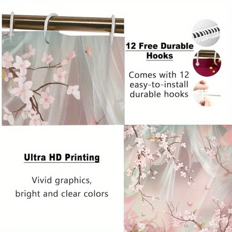1 Stück Kirschblüte und Schmetterling Polyester Duschvorhang - Blumendruck Badezimmerdekor mit Haken, Maschinenwaschbar