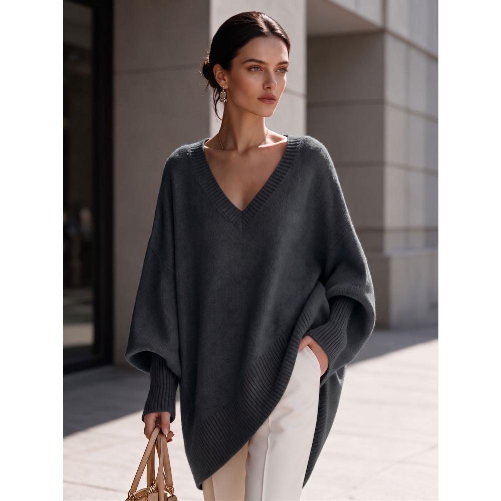 Women V Neck Loose Sweater Mid Length Long Sleeve Cozy Knit Top Fall Winter