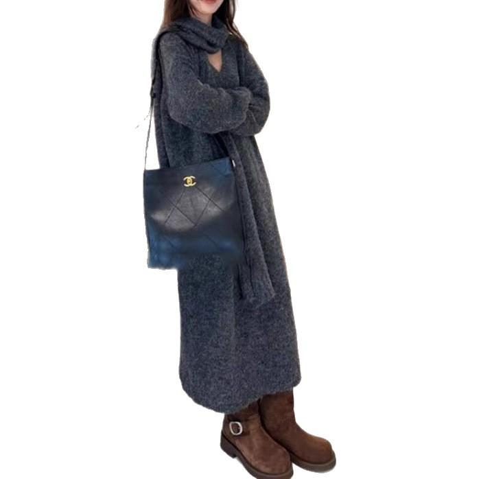 Simple and versatile knitted dress for women's autumn and winter new loose and lazy style with coat backing sweater long dress