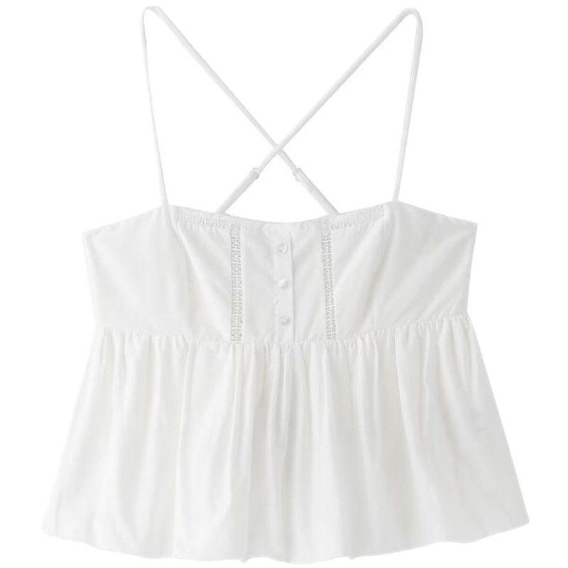 Fashion Style 2024 Summer New Arrival Women's Vertical Lace Decorated Poplin White Suspender Tops 1165167