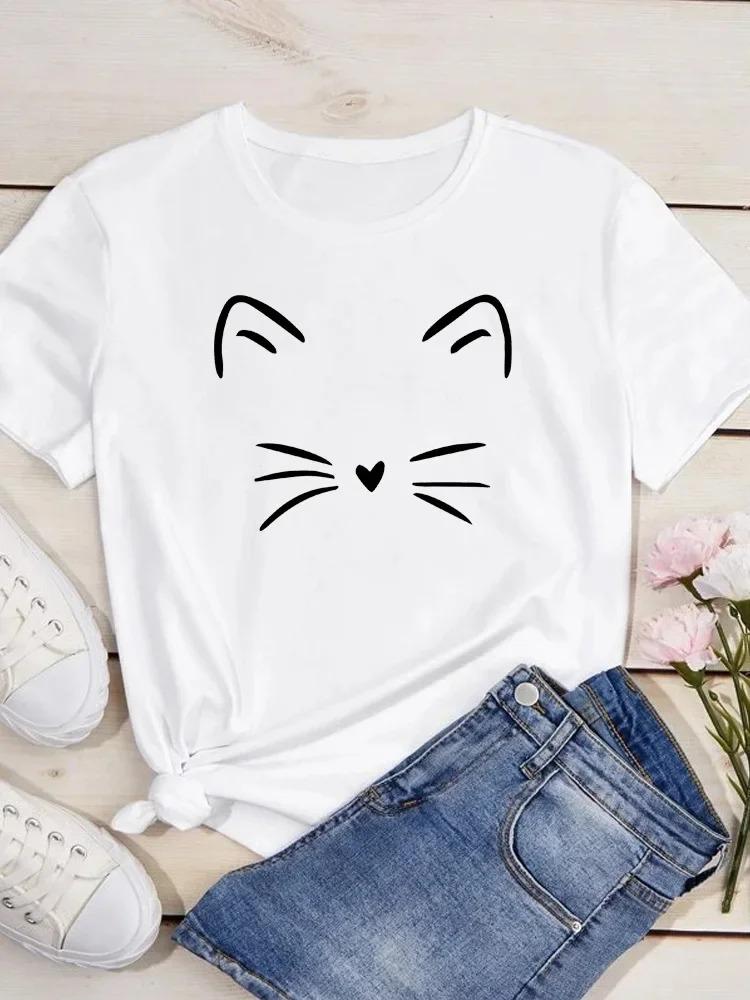 New Cute Love Heart Cat Print Women T-Shirt Casual Short Sleeve Top Summer Women's Clothing Cartoon Streetwear Y2k Clothes