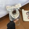 Creamy White Faux Leather Mini Tote Bag Plaid Bow Heart Print Lace Trim For Girls Daily Use School Dates