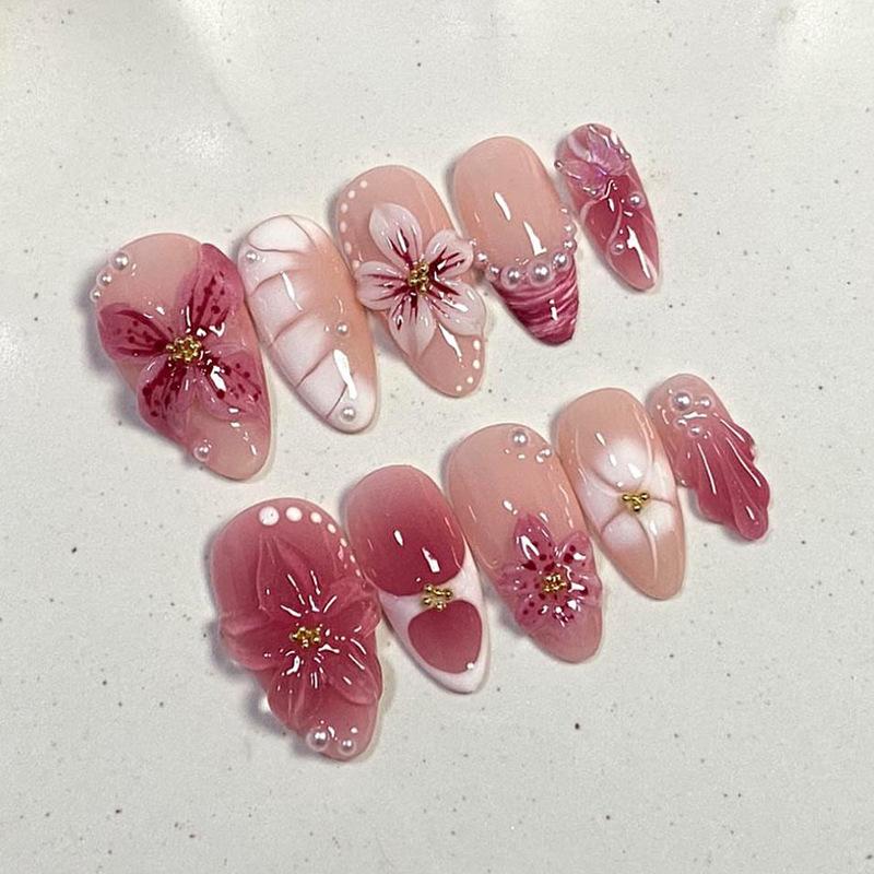 24Pcs French White Gradient Almond Press On Nails With 3D Rhinestone Flower Design Fake Nail Art Tips