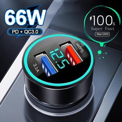 Cargador de coche PD de 66 W, doble USB, carga rápida, QC 3.0, adaptador de teléfono para iPhone 13, 12, Samsung, Xiaomi y Huawei
