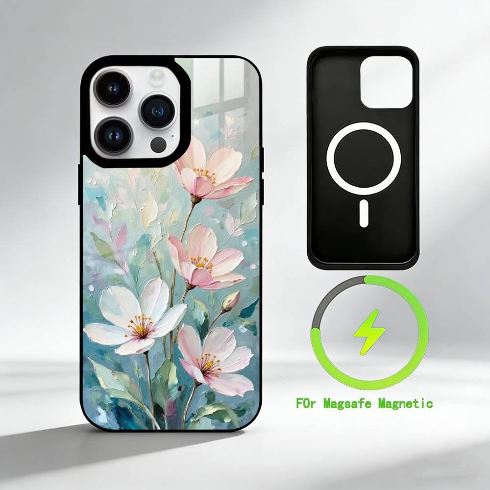 O-Oil Painting Daisy Mobile Phone Case For iPhone 17 16 15 14 13 12 Pro Max Plus for Mirror Wireless Magnetic Cover