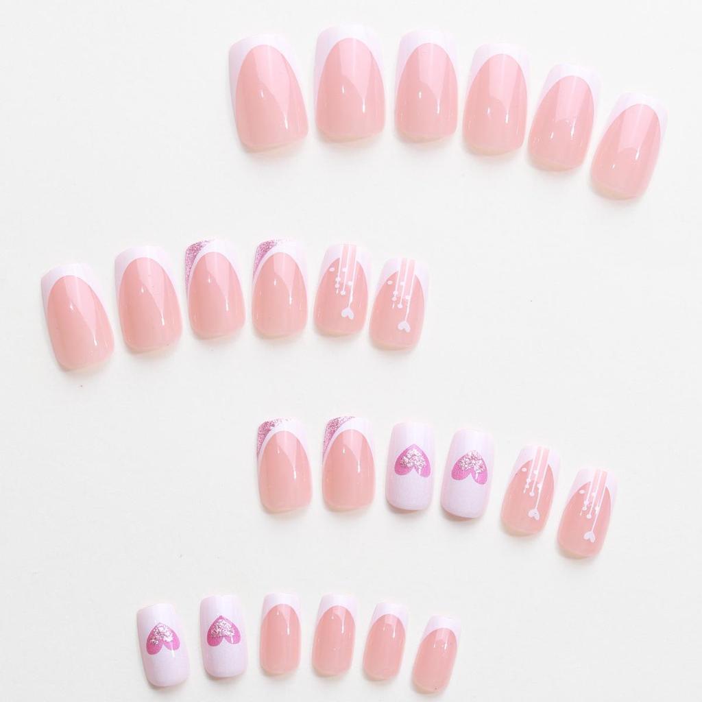 Valentine's Day French Press-On Nails: White Edge with Pink Heart Glitter - Stylish Cross-Border Nail Art