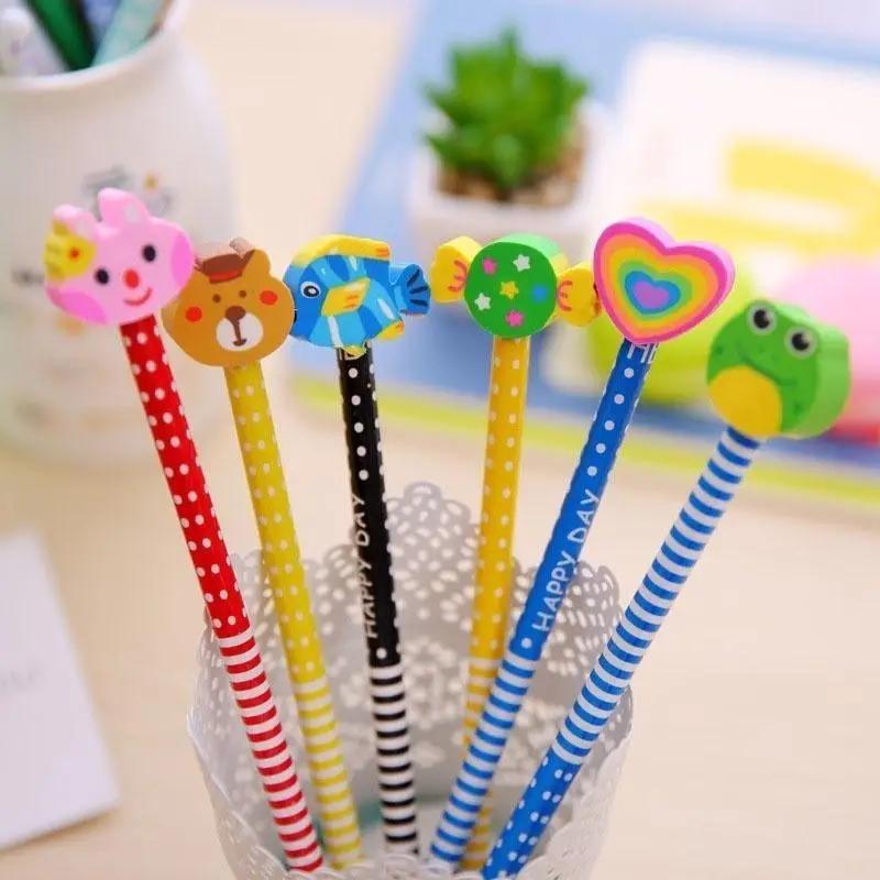 

2 Pcs/Set Wooden Animals Students Pencil With Eraser Drawing Tools Cartoon 2pcs