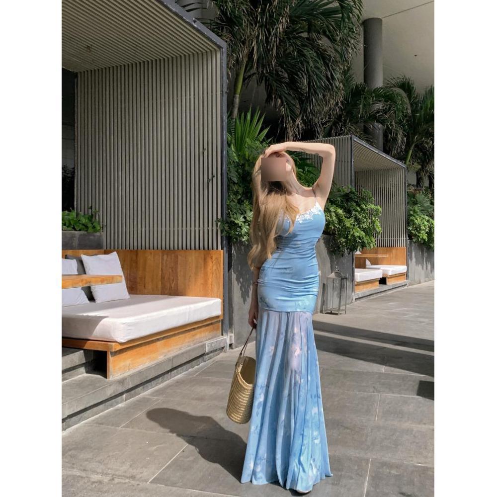 Lace Splicing Print Suspender Dress Women's Summer Fishtail Skirt Slim Mesh Skirt Design Hip-wrapped Dress