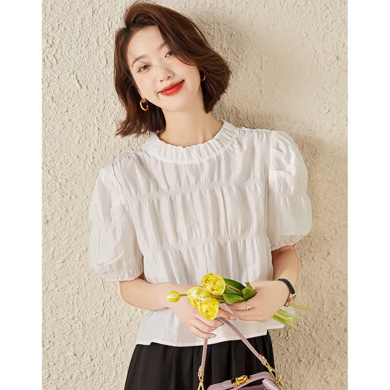 Bailuyu Pleated Puff Sleeve Round Neck Blouse