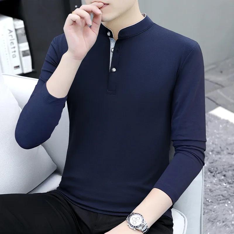 

Футболки весна-осень мужские с воротником-стойкой, однотонные, с длинным рукавом, облегающие, повседневные, модные, мужские топы 2XL синий