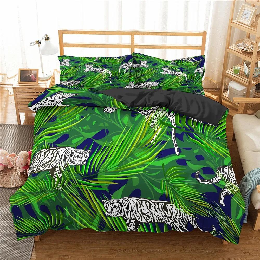 Jungle Animal Duvet Cover King Queen Tropical Plants Palm Leaves Bedding Set Kids Tiger Wildlife 23pcs Polyester Quilt Cover