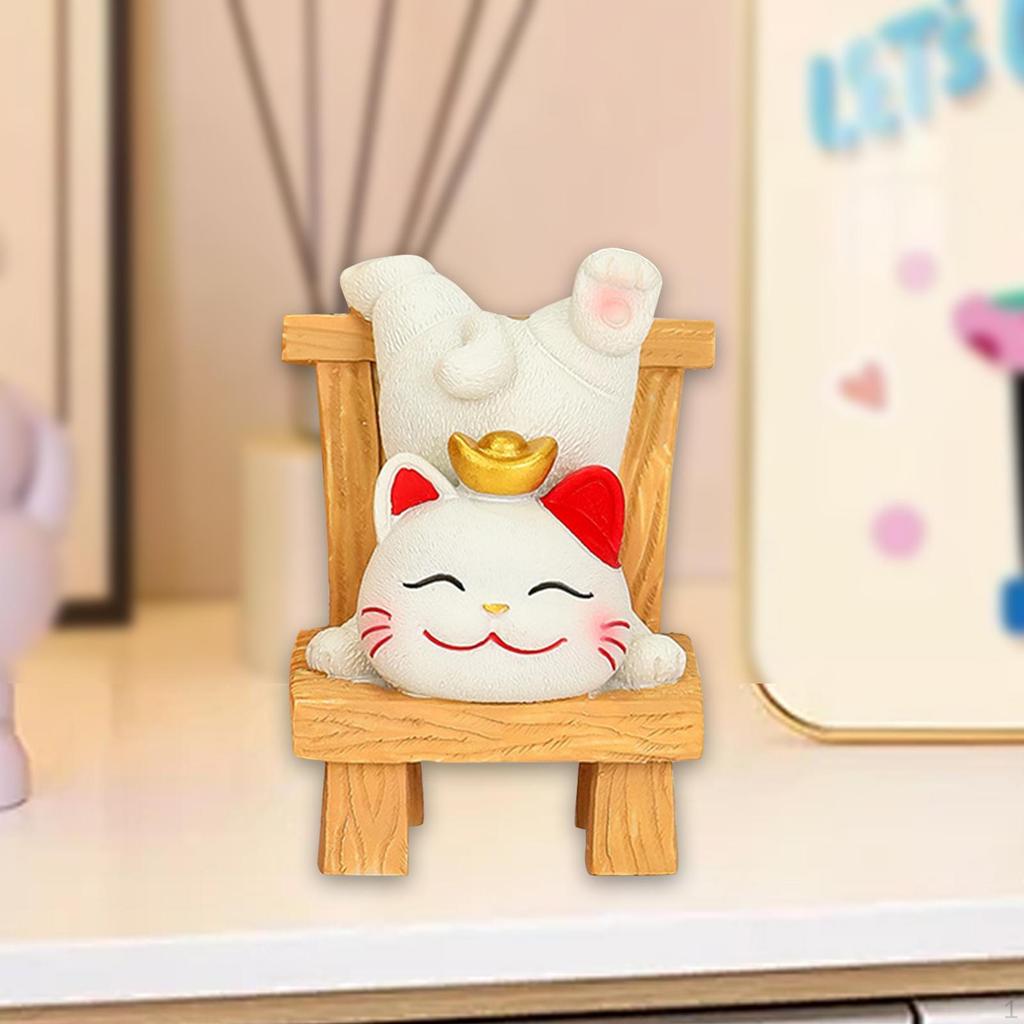 Lucky Cat Statue Animal Sculpture Cartoon Resin Kitten Figurine Desktop Ornament for Table Bedroom