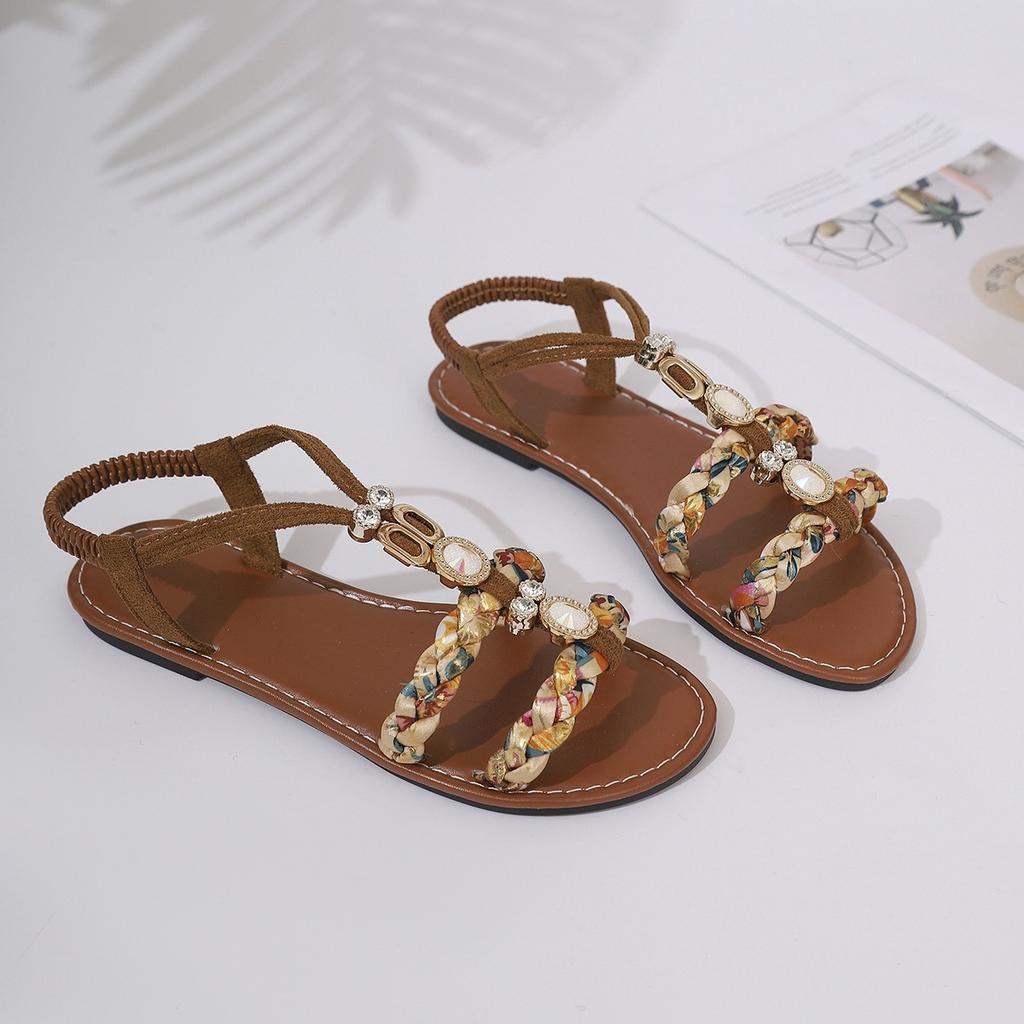 Women's Bohemian Style Sandals, Summer Colorful Woven Beaded Round Toe Comfort Flat Sandals