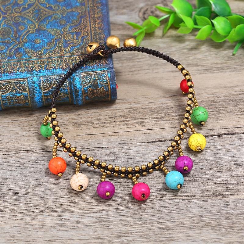 Bohemian ethnic style short necklace women's collarbone chain red and blue turquoise fringed anklet retro vacation set