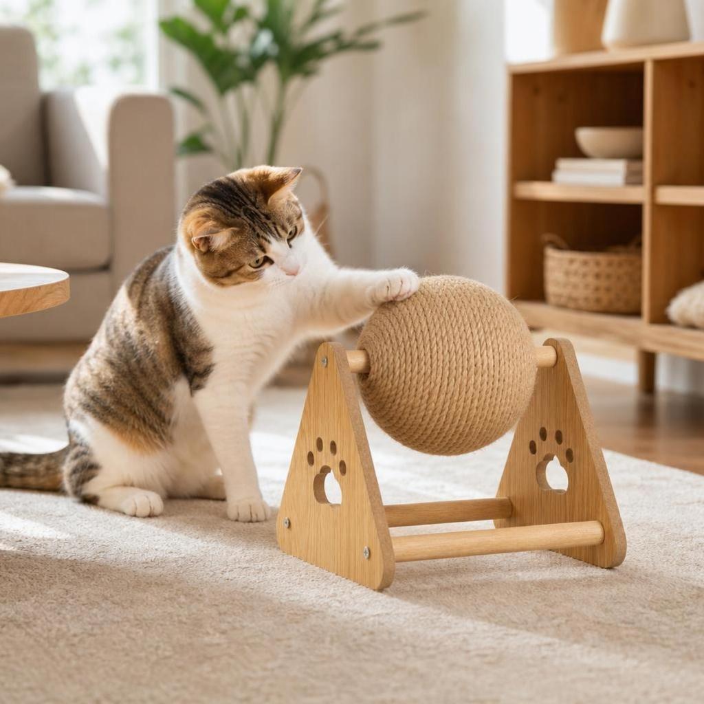 Cat Scratching Ball Rotating Toy with Wooden Frame ClawFriendly Sisal Rope for