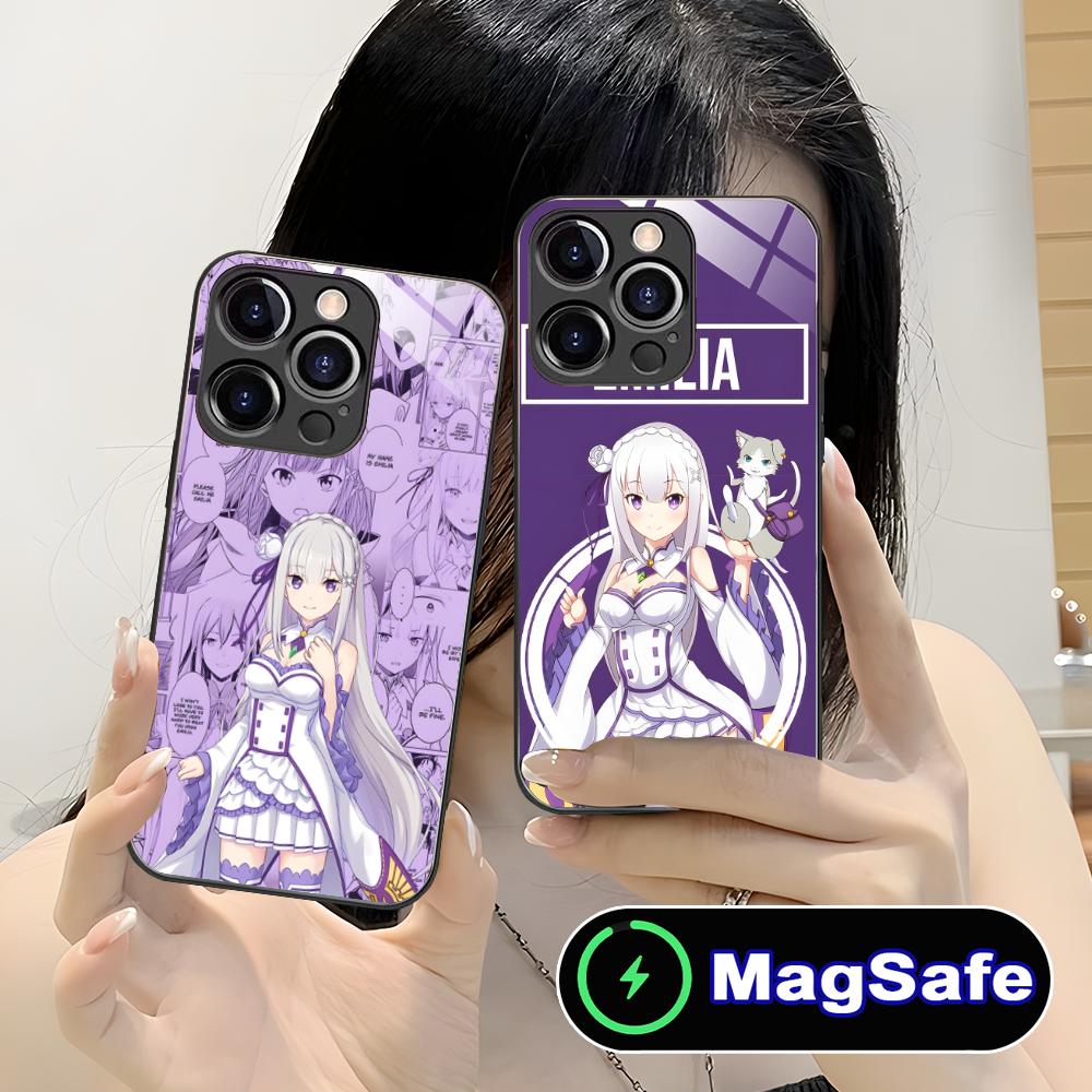 ReZero Emilia Waifu Mobile Phone Case for iPhone 17 16 15 14 13 12 11 Air Pro Max Plus Mini MagSafe Glass Colorful Cover Luxury