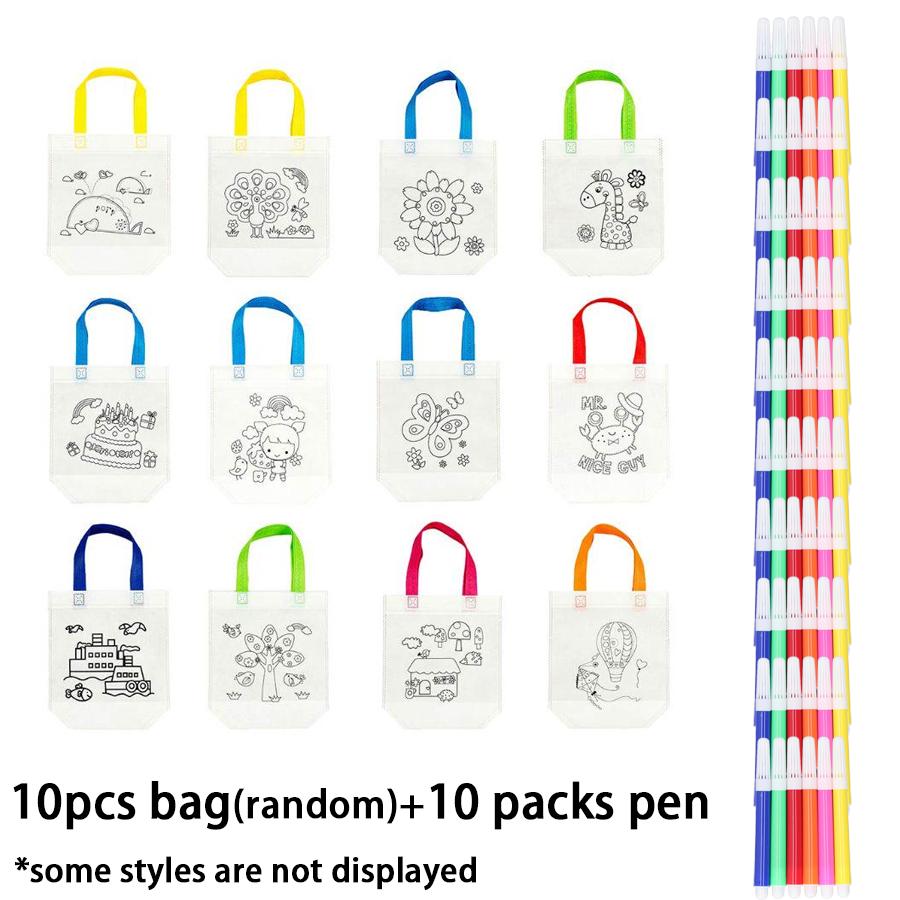 4/10/20pcs Non-woven Tote Bag & 6-Color Mini Watercolor Pen, DIY Graffiti Art Supplies Birthday Party Handcraft Painting Art XJM