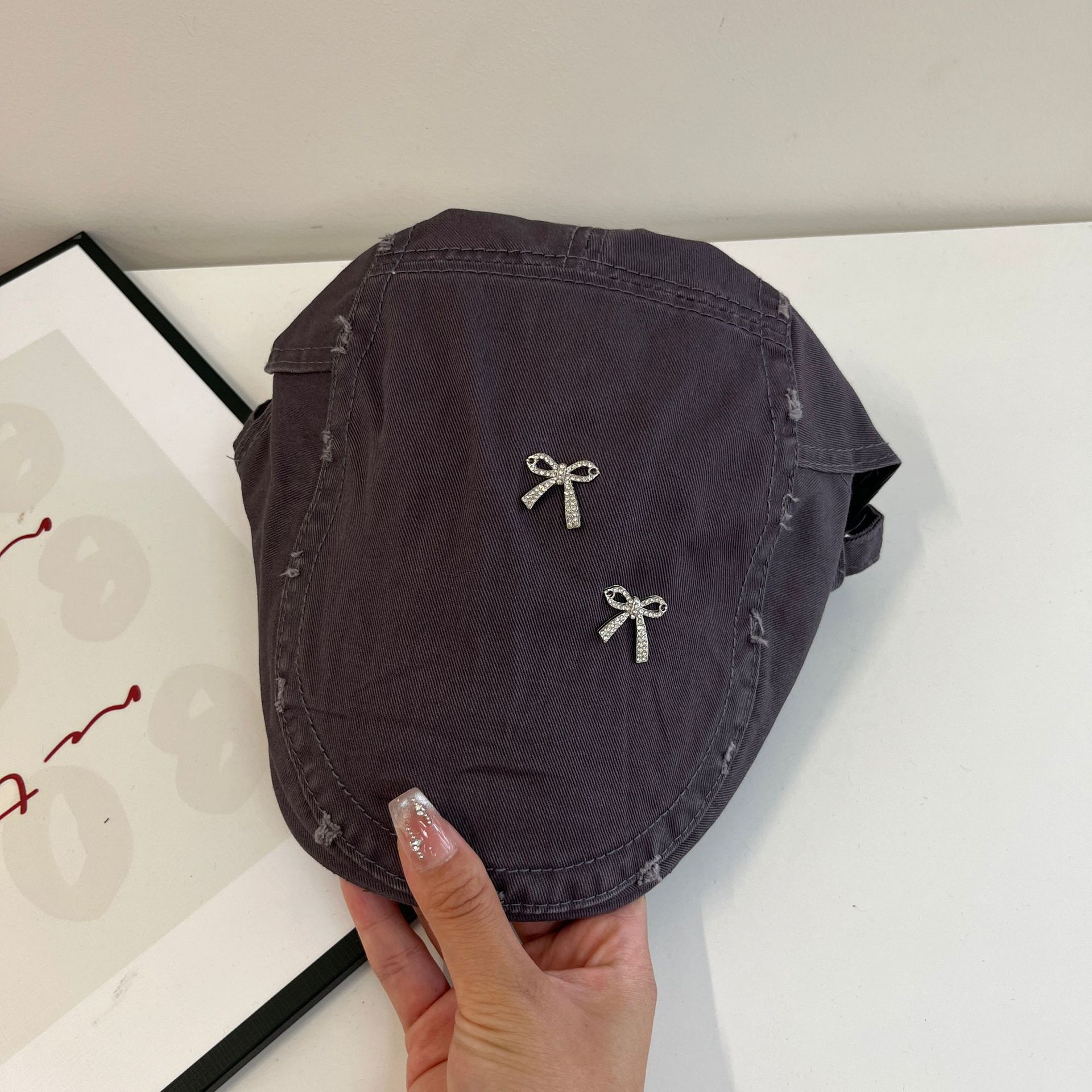 

2025 новый бант с потертостями вперед шляпа женская осень и зима старый большой окружность головы берет универсальный прилив M（56-58cm） серый