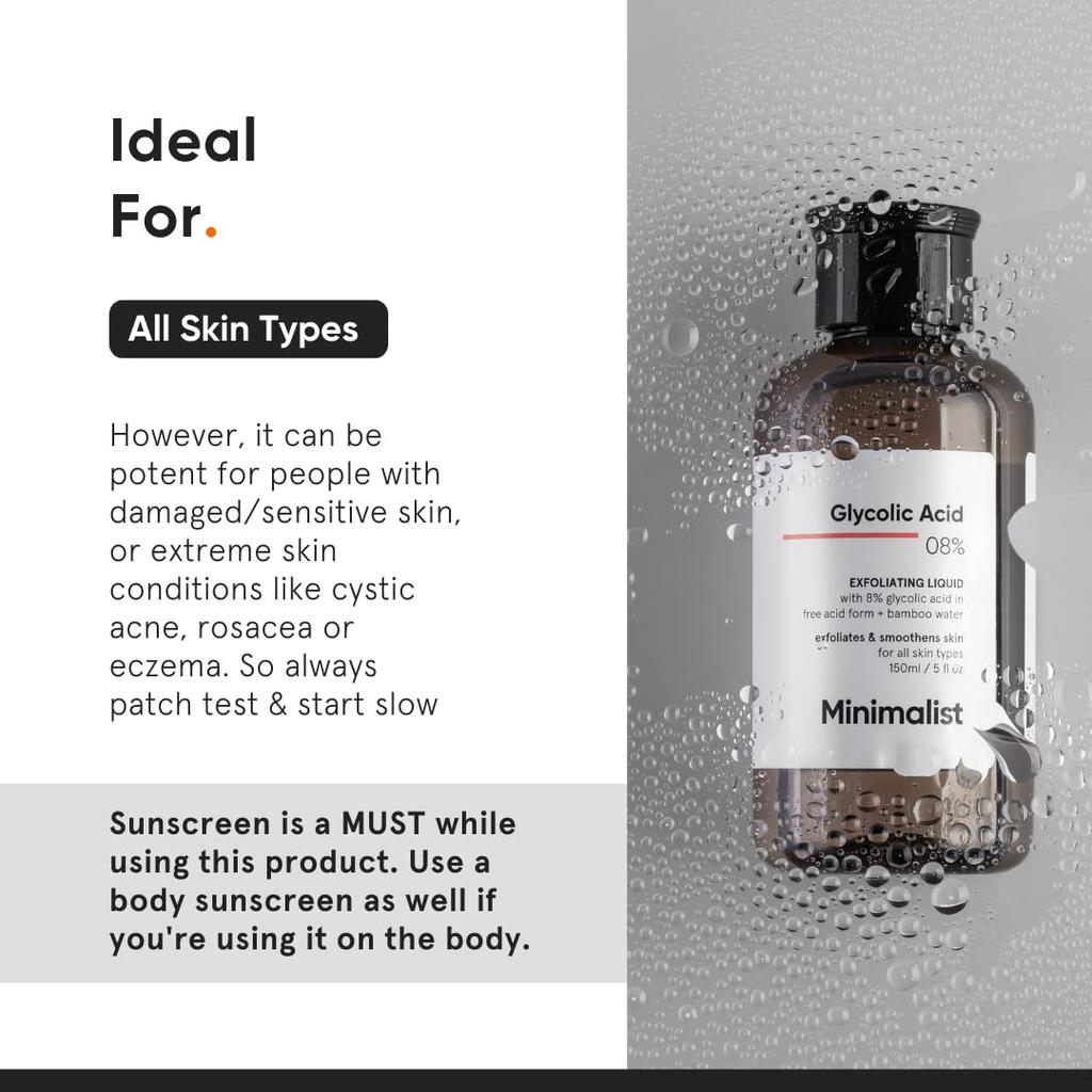 Minimalist 8% Glycolic Acid Toner For Glowing Skin | Multi-Functional Exfoliating Liquid With Bamboo Water For Face, Body, Underarms & Scalp | 150 ml