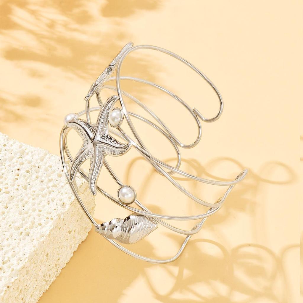 Stainless Steel Marine Seashell & Seahorse Cuff Bracelet - Beach Vacation Style