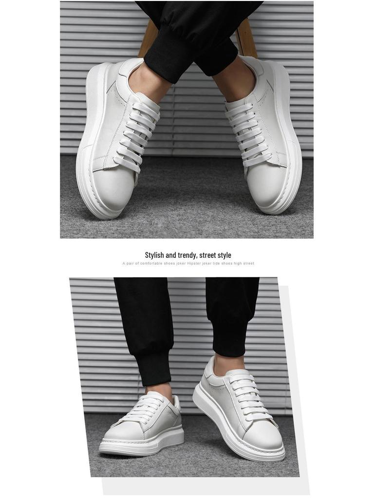 Hvite Herresneakers i Ekte Skinn, Lei Jun-stil: Lav topp, tykk såle, allsidig for jobb og sport.
