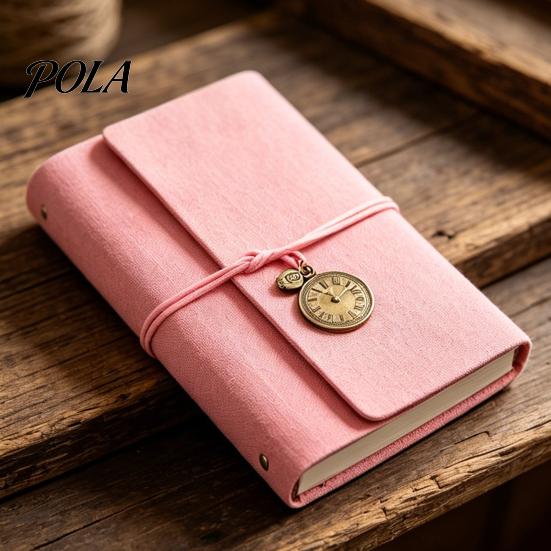 Strap Closure Notebook A6 Faux Leather Journal Notebook, 6 Ring Loose Leaf Binder with Retro Clock Smooth Writing Pendant, 7 Inch Personal Planner for
