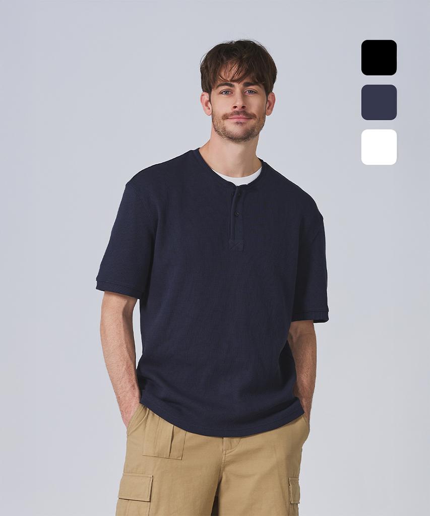 Geonjiulleunseu Waffle Henley Neck Short Sleeve T-Shirt Collection