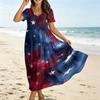 Women Short Sleeve V Neck Maxi Dress with Star and Stripe Print Loose Fit Flowy Casual Long Dress for Summer Spring
