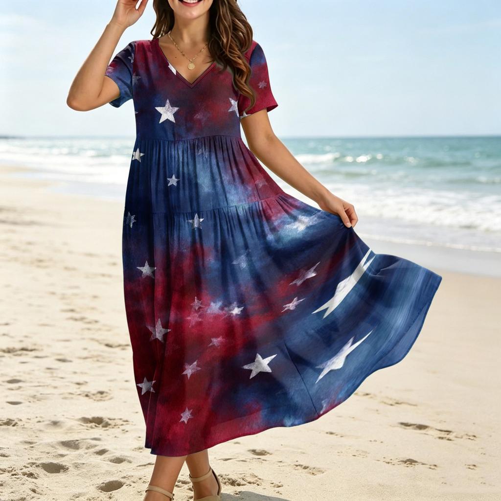 Women Short Sleeve V Neck Maxi Dress with Star and Stripe Print Loose Fit Flowy Casual Long Dress for Summer Spring