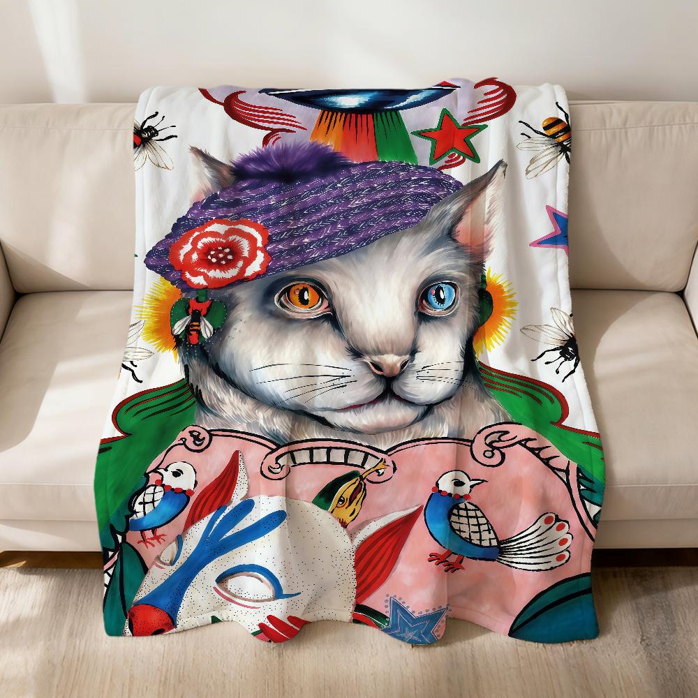 Cute Vintage Cartoon Cat Fashion Brand Flannel Soft Warm Plush Blanket Sofa Living Room Pet Hogar Bedroom Gift Home Car Portable