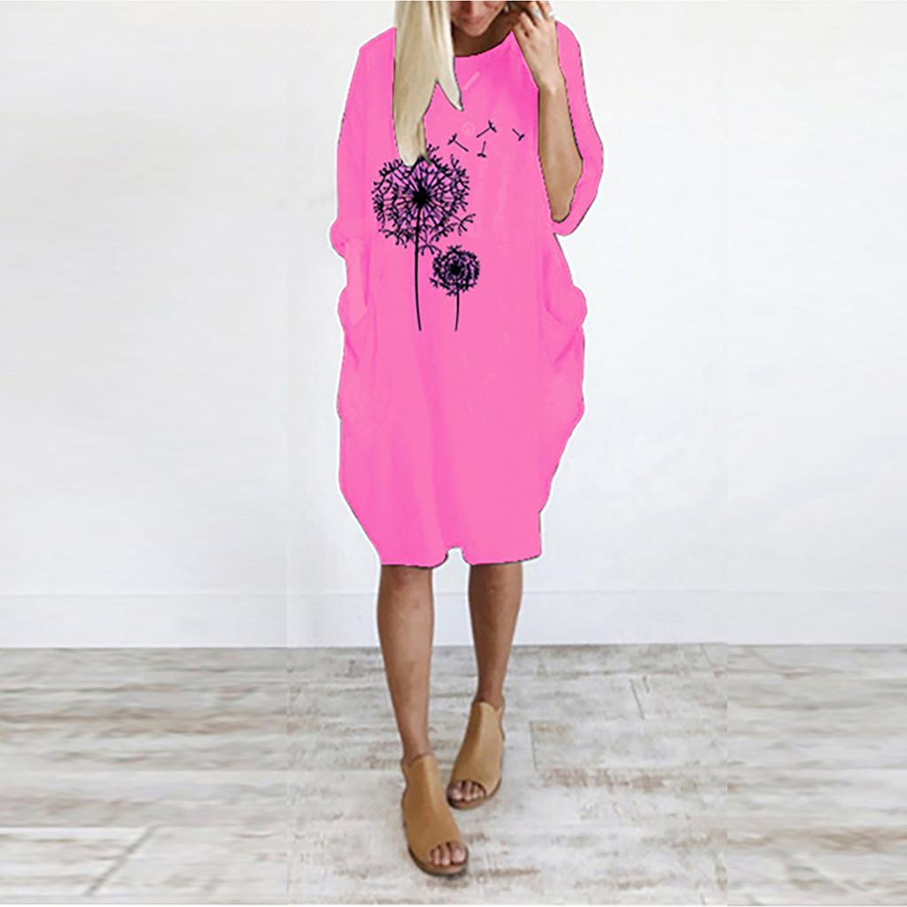 Women's Casual Loose Fit Pullover Dress with Round Neck and Pockets Featuring Printed Floral Design Comfortable Everyday Wear