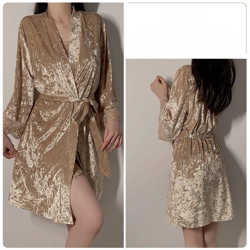 

Сексуальна жіноча піжама з оксамитовими підтяжками з глибоким V-подібним вирізом Жіноча піжама для жінок Зимова легка розкішна піжама Халат Жіночий піжамний комплект M