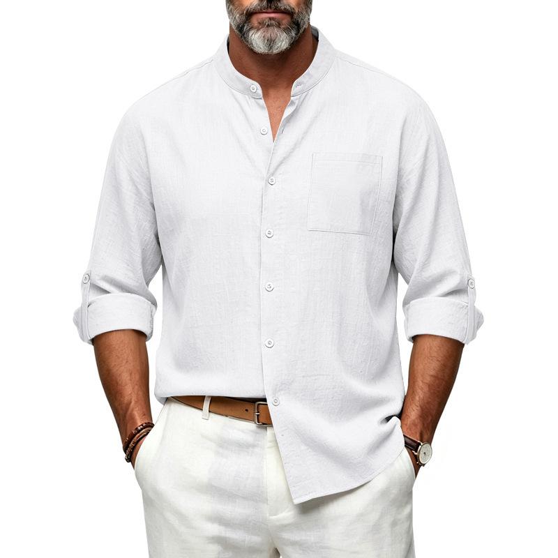 Men S Casual Loose Linen Stand Collar Long Sleeve Shirt