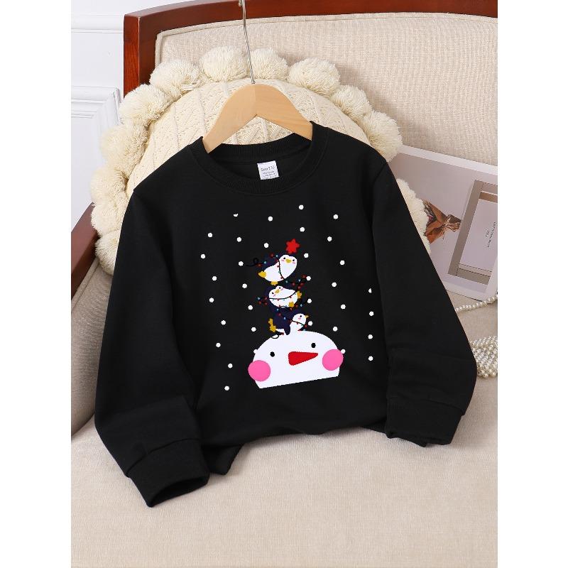 Girls Soft Crewneck SweatshirtCute Penguins On Snowman Winter Print with Cute Creative Print, Casual All-Match for Fall Winter, Ideal Holiday Present