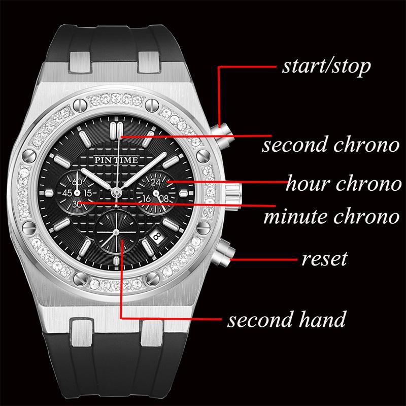 Casuals Watch for Men Diamond Iced Bezel Fashion Quartz Wristwatch Sports Silicone Band Waterproof 30m Chronograph Reloj Hombre