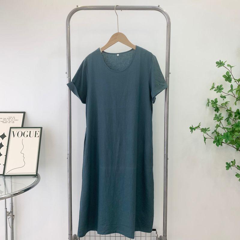 Cotton and Linen Dress Women's Inventory 2025 New Arrival Summer Linen Short Sleeve Mid Length Long Length Skirt Pure Color Temperament Dress