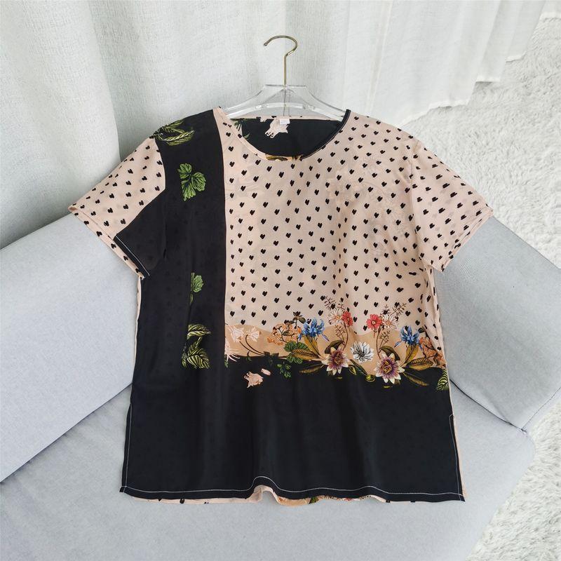 Silk Tops Women's Summer round Neck Mulberry Silk Short Sleeve Loose T-shirt Printed Black Base Shirt Half Sleeve