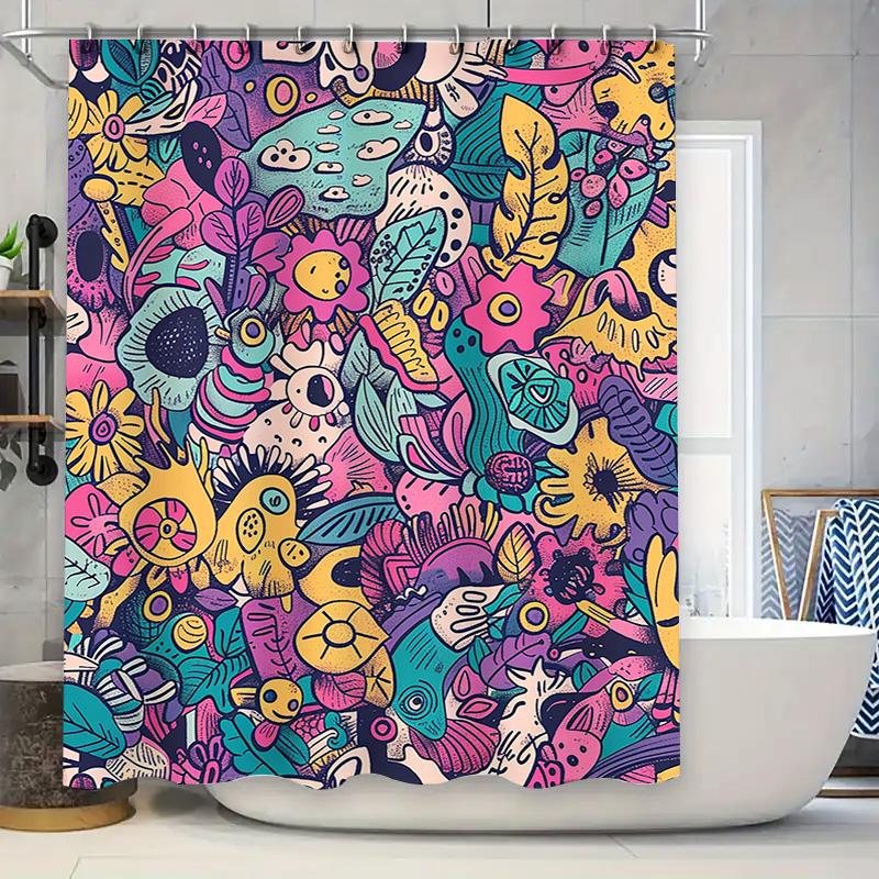 Böhmischer floraler DuschvorhangBunte Badezimmerdekoration mit handgemaltem Design Wasserdichter Stoff für moderne Wohnräume!