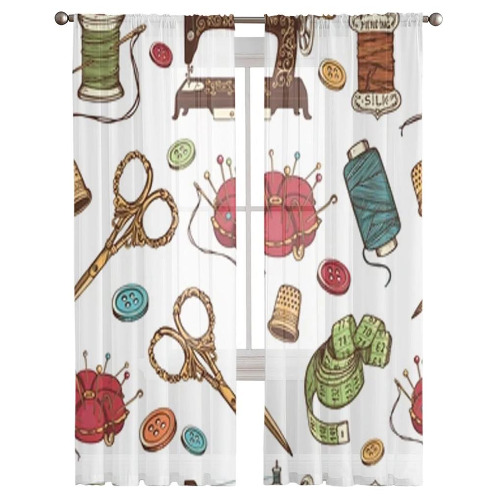 Hand Drawn Of Sewing Tools Sheer Curtains Bedroom Voile Curtain Living Room Window Sheer Curtains Kitchen Tulle Drapes