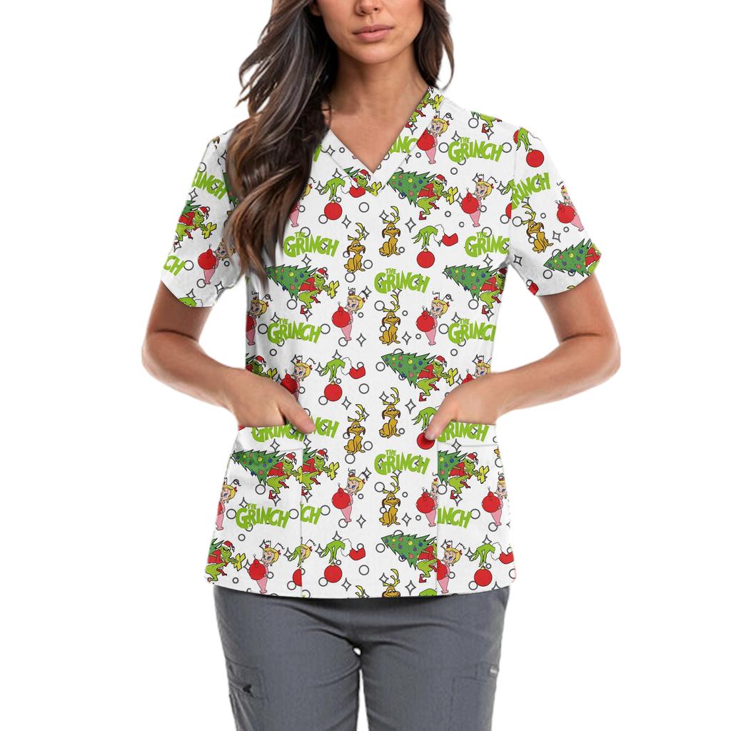 Roupa de Trabalho Feminina Fofa Estampada com Laço Decote V Bolsos Dupla Camada Blusa Básica de Manga Curta Pulôver