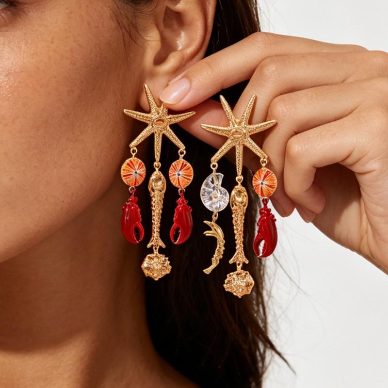 Layered Tassel Crab Starfish Shell Earrings Gold Zinc Alloy Boho Beach Style Statement Earring Women