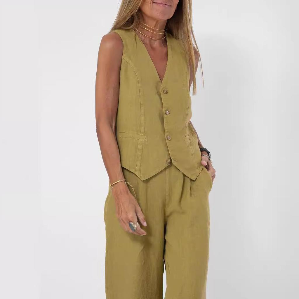 Women's 2 Piece Linen Outfit Sleeveless V Neck Button Vest High Waist Wide Leg Long Pants Casual Commuter Matching Set For Spring Summer Autumn
