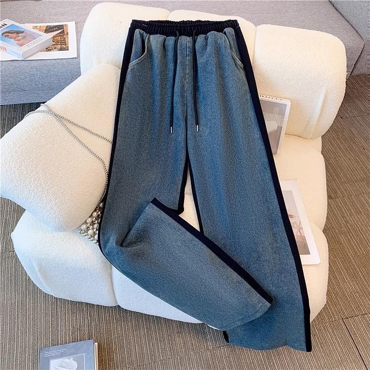 Women's Spring/Fall Set Student Patchwork Denim Top + Wide-Leg Pants Two-Piece Set