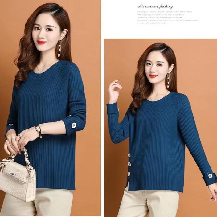 Fall/Winter Women's Crewneck Sweater Loose Slit Knitwear Pullover Solid Color Stretch Knit Top