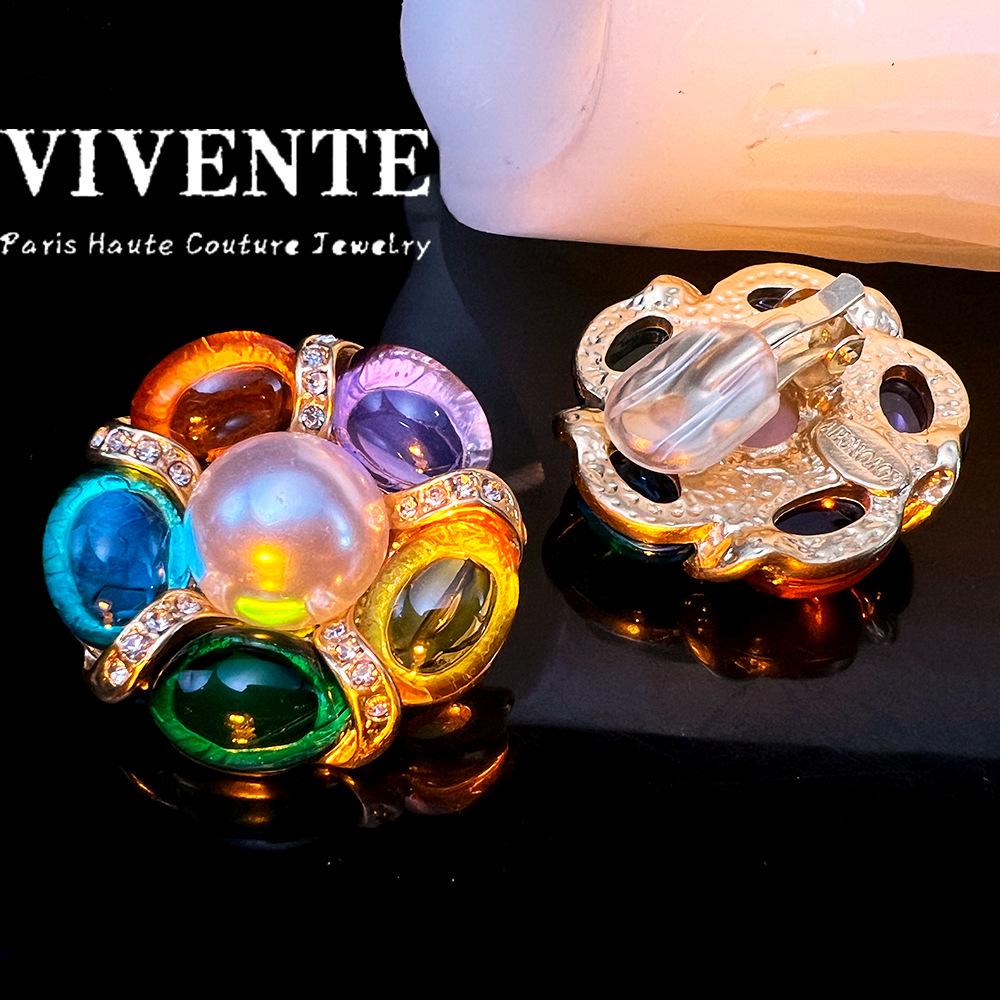 Originale Retro 18K Gold Mehrfarbiges Glas Mittelalterlicher Stil Nicht-Piercing Ohrclips