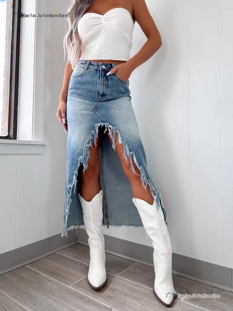 High-Waisted Irregular Frayed Denim Midi Skirt - Women's Vintage Washed Skirt