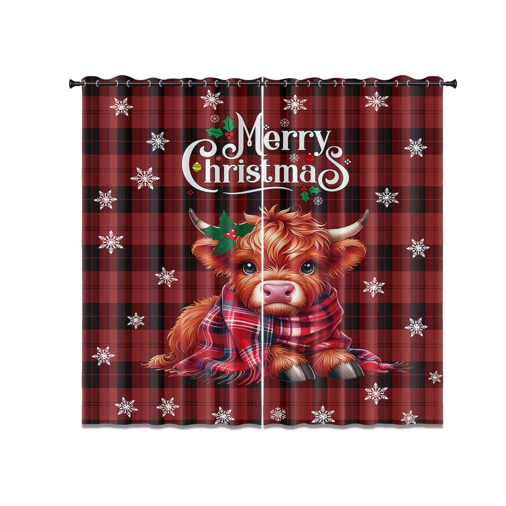 2 Christmas Checkered Highland Cattle Print Blackout Curtains Multiple Sizes Living Room Insulation Decoration Machine Washable