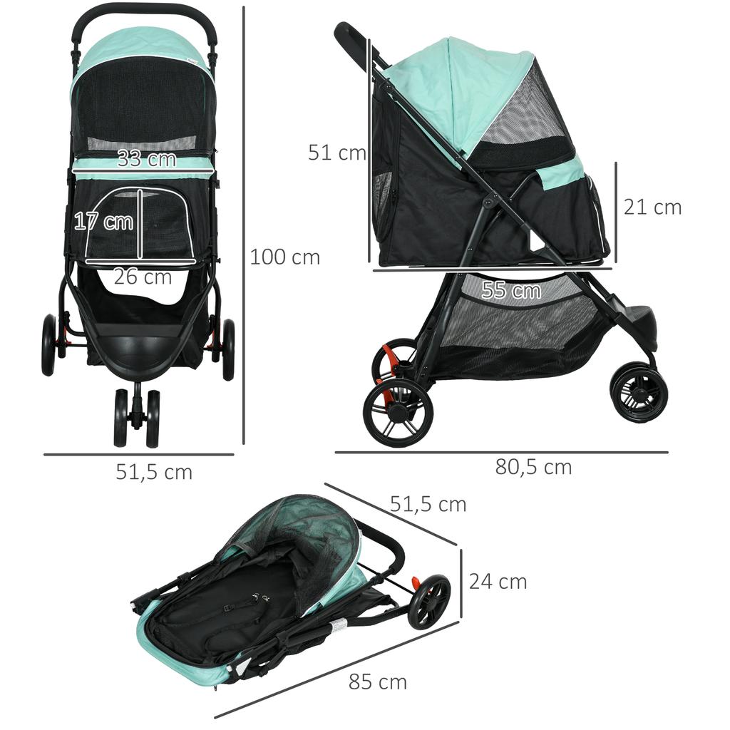 Foldable Pet Stroller w/ Rain Cover, for XS Dogs, S Dogs - Green